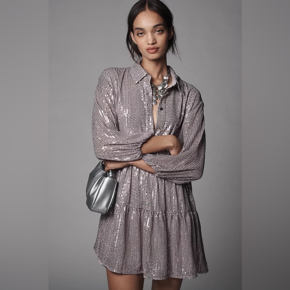 Anthropologie Silver Lilac Sequin Mini Dress